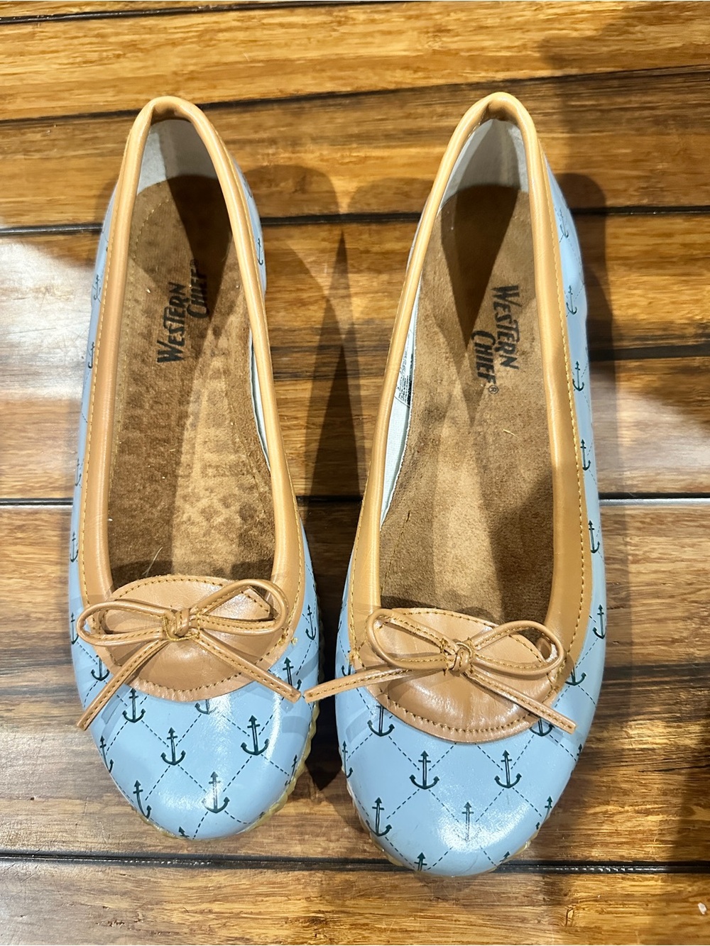 Western Chief Light Blue Anchor Ballet Flats with Tan Trim